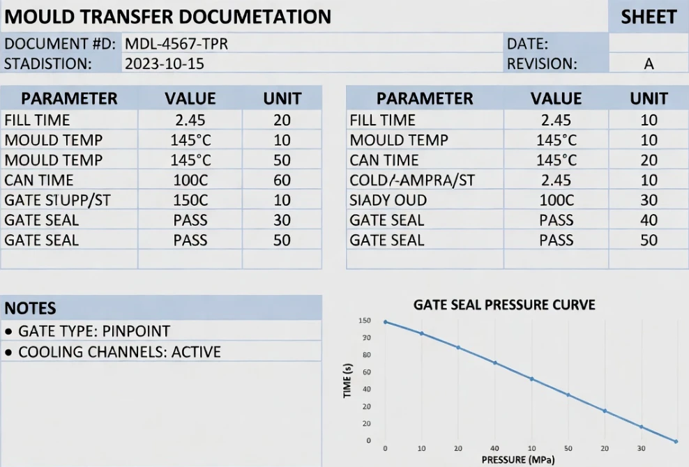 Production-ready mould transfer documentation including fill time, mould temperature, and gate seal study parameters Production-ready mould transfer documentation including fill time, mould temperature, and gate seal study parameters